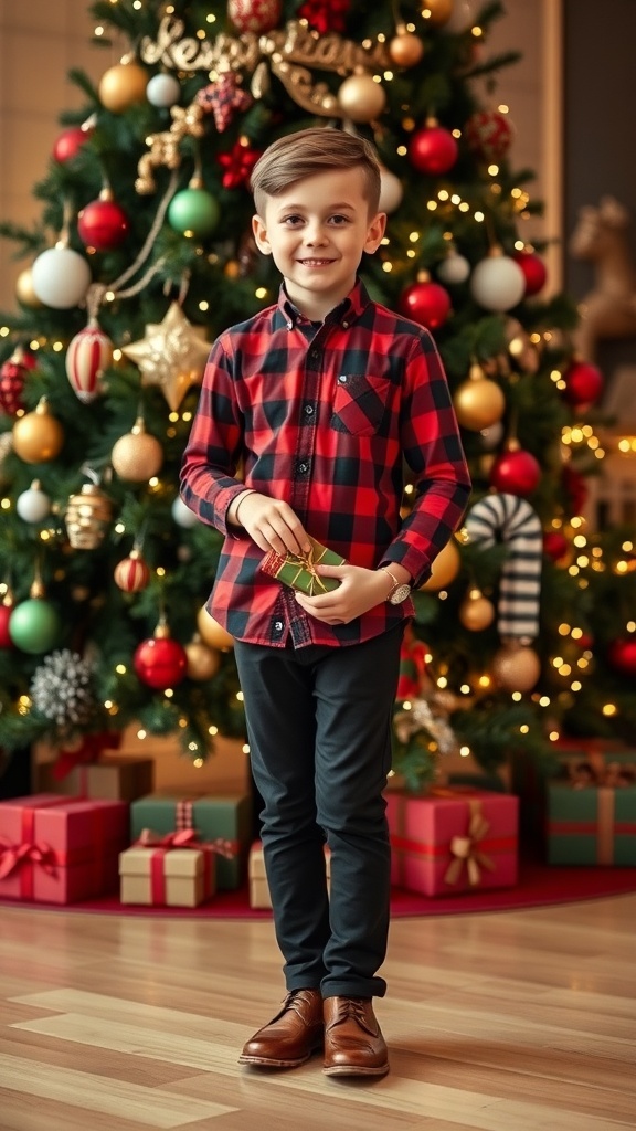 A boy in a red plaid shirt and black chinos standing by a Christmas tree, holding a gift.